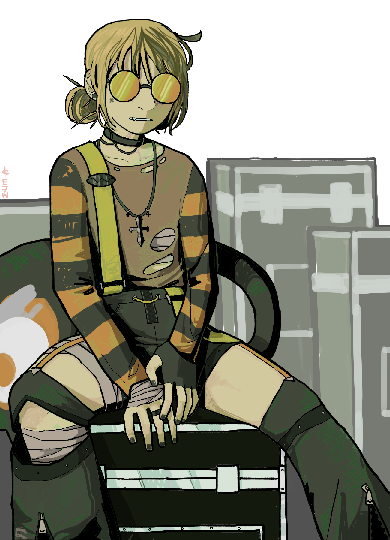 flat colour fanart of gigi in her outfit from justice's maneskin cover. gigi is 
	  sitting on a road case with her hands placed on the case between her thighs.